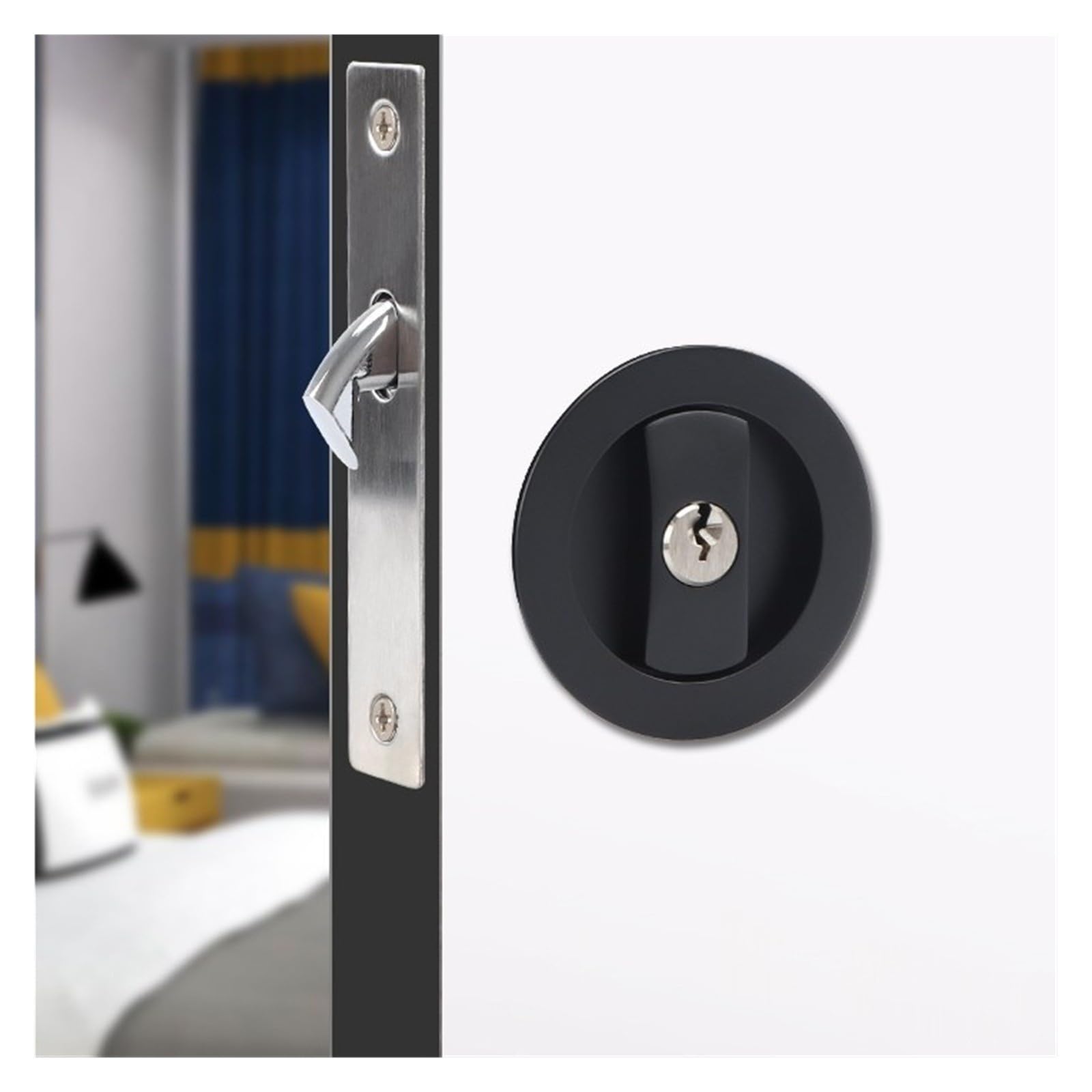 Cerradura de puerta corredera de doble gancho Invisible negra for baño(Have the key 1)