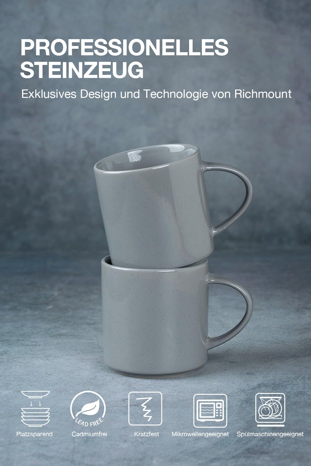 Richimount - Set di 6 tazze da caffè, serie Nebula, 355 ml, con manico, per caffè, tè e bevande calde, ideali per cucina, sala da pranzo e colazione, grigio scuro