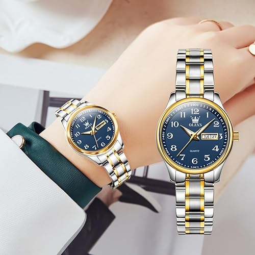 Miniatura 8 de OLEVS Relojes para mujer, vestido de negocios para mujer, reloj de pulsera pequeño, dorado y plateado, banda de acero inoxidable, analógico, de