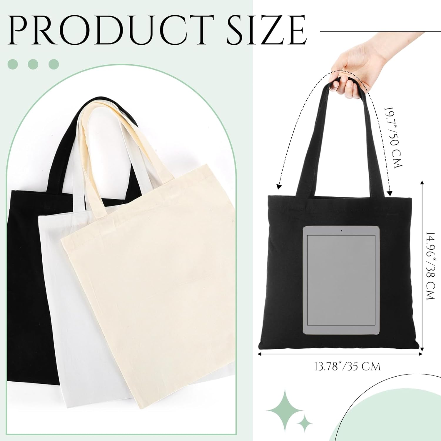24 Pack Canvas Tote Bags Bulk 14'' x 15'' Sublimation Blank Cotton Cloth Bags Reusable Lightweight Grocery Shopping Tote for Women DIY Crafts Party Gift Activity - Image 2
