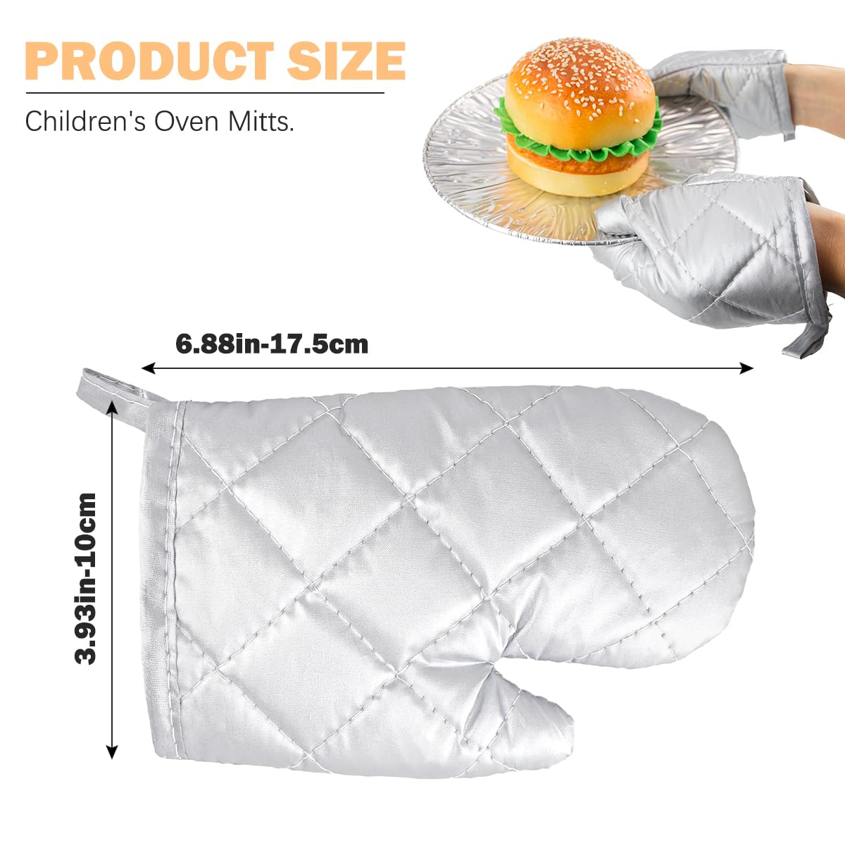 Guantes de cocina de algodón para niños, de tamaño pequeño, para microondas, guantes de cocina resistentes al calor, 1 par, plateado (7 x 4 pulgadas) 2