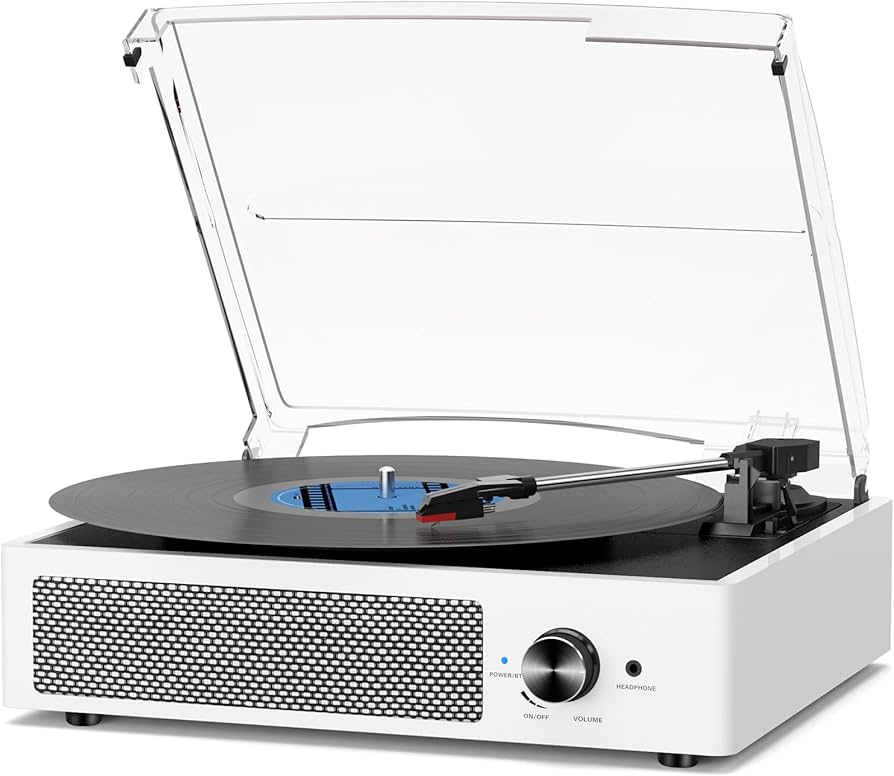 Vinyl Record Player with 2 Stereo Speakers Belt-Driven Vintage Turntables 3 Speed 3 Size Wireless Bluetooth Playback AUX-in RCA Out Headphone LP Vinyl Players Auto Stop Fashion White