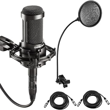 Audio-Technica AT2035 Cardioid Condenser Side-Address Microphone, 20Hz to 20kHz Frequency Response, Bundle with On-Stage Broadcast Boom Arm XLR Cable, Samson PS04 Pop Filter, 20