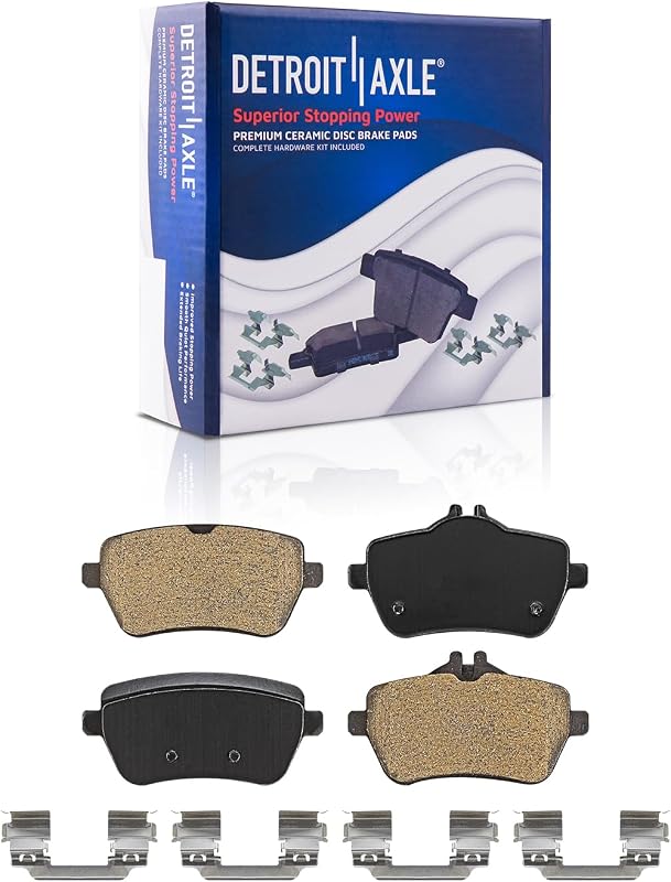 Pastilhas de freio traseiras cerâmicas Detroit Axle P-1689 para Mercedes-Benz S400, S450, S550, S550E e S560 – 2 unidades com ferragens