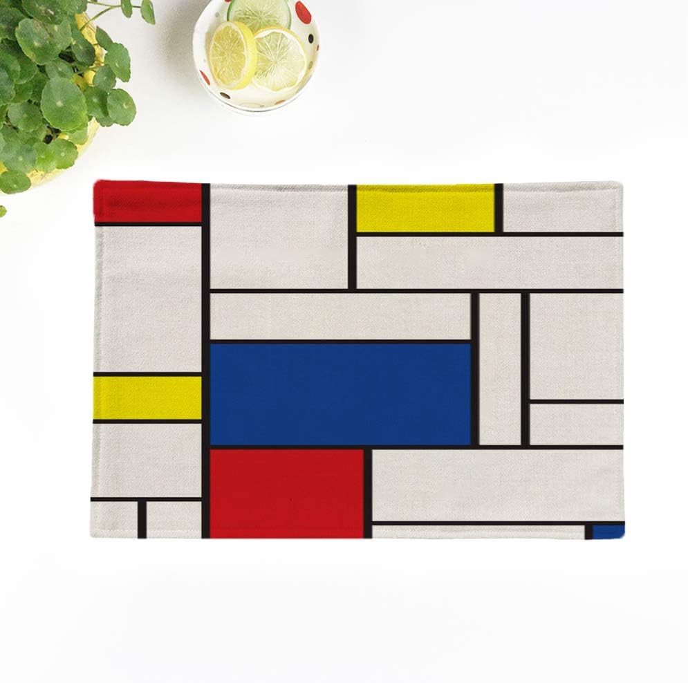 Set of 6 Placemats Colorful Artistic Mondrian Minimalist De Stijl Modern Colourful Colors 18x12.5 Inch Parties Decor Non-Slip Washable Place Mats for Kitchen Dinner Table Mats