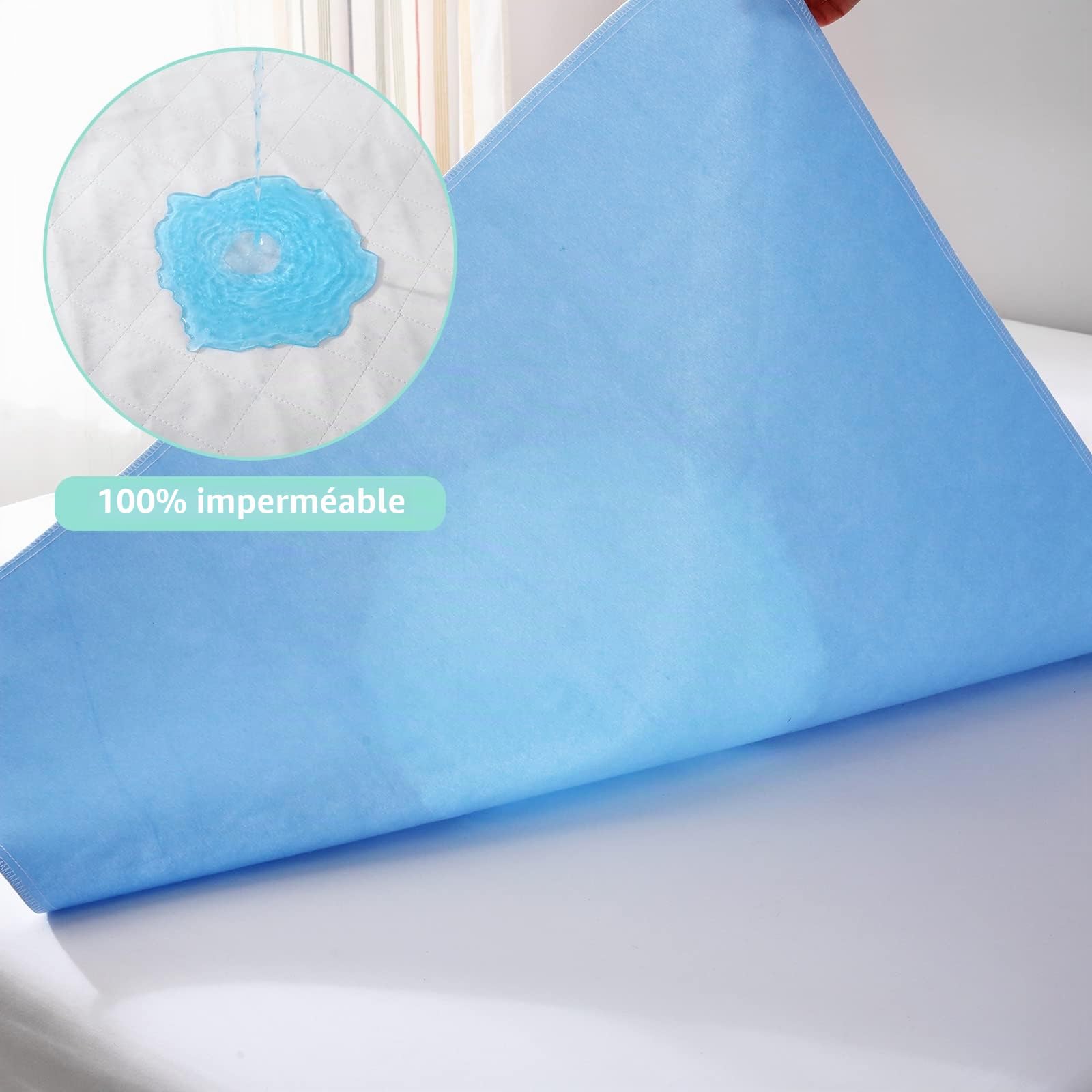 Lot de 2 alèses pour incontinence lavables 70 × 90 cm en non-tissé, protège-matelas imperméable et lavable, Bleu-blanc