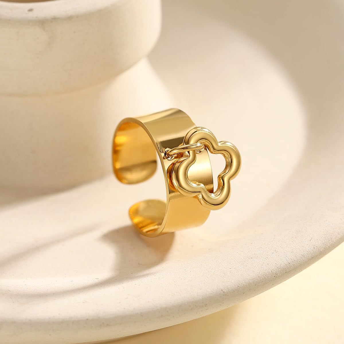 BUMMER Bague Pendentif Trèfle en Acier Inoxydable Plaqué or 18 Carats Avec Pendentif oiseau Soleil Bague Ouverte réglable Pour Cadeaux