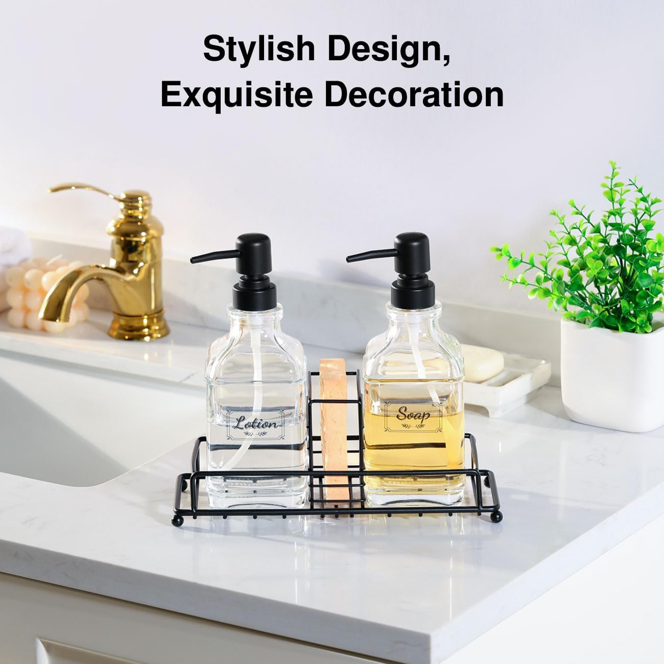 Shinowa Kitchen Soap Dispenser Set, Hand and Dish Soap Dispenser with Tray, 2-Pack Thick Glass Dish Dispenser for Kitchen & Bathroom, Soap and Lotion Dispenser Set Kit with Pump - Image 7