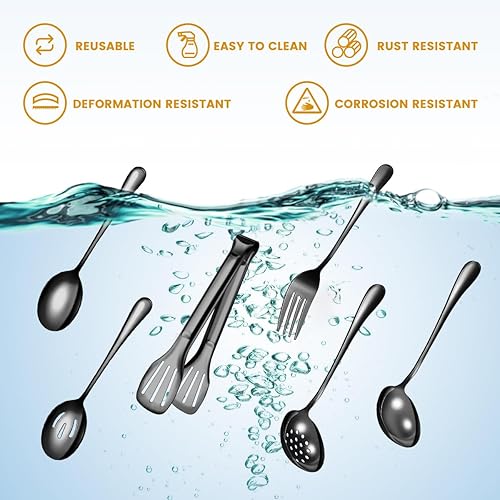 Miniatura 23 de Juego de utensilios de servir dorados para fiestas, cucharas grandes de metal de acero inoxidable, cucharas ranuradas, tenedores, pinzas, cucharas