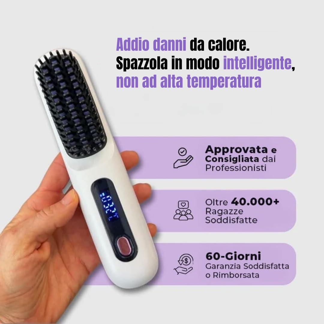 Iceface HairGo- Spazzola Lisciante Riscaldata - Portatile & Senza Fili 3 impostazioni di temperatura 140-200 °C, display LED, design compatto, ideale per viaggi e uso quotidiano