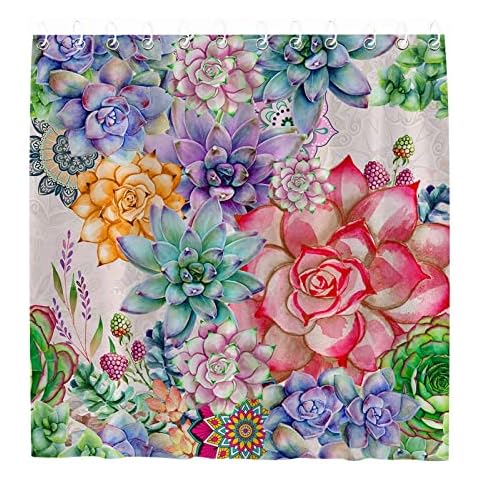 Boho Cactus Flower Shower Curtains Succulent Floral Plant Watercolor Colorful Spring Nature Mandala Rural Rustic Fantasy Bathroom Decor Home Fabric Print Set with Hooks 70x70 Inches Cover