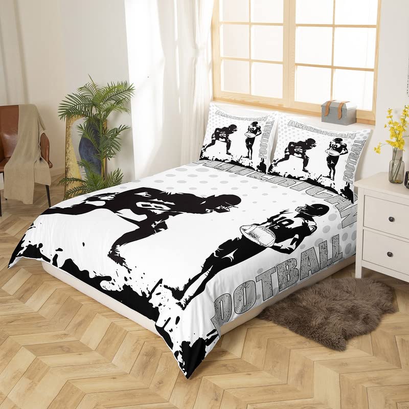 American Football Comforter Cover Double Size,Sport Football Player Duvet Cover with 2 Pillowcases,3 Piece,Black White Art Graffiti Polyester Bedding Set for Boys Teens Bedroom Decor - Image 3