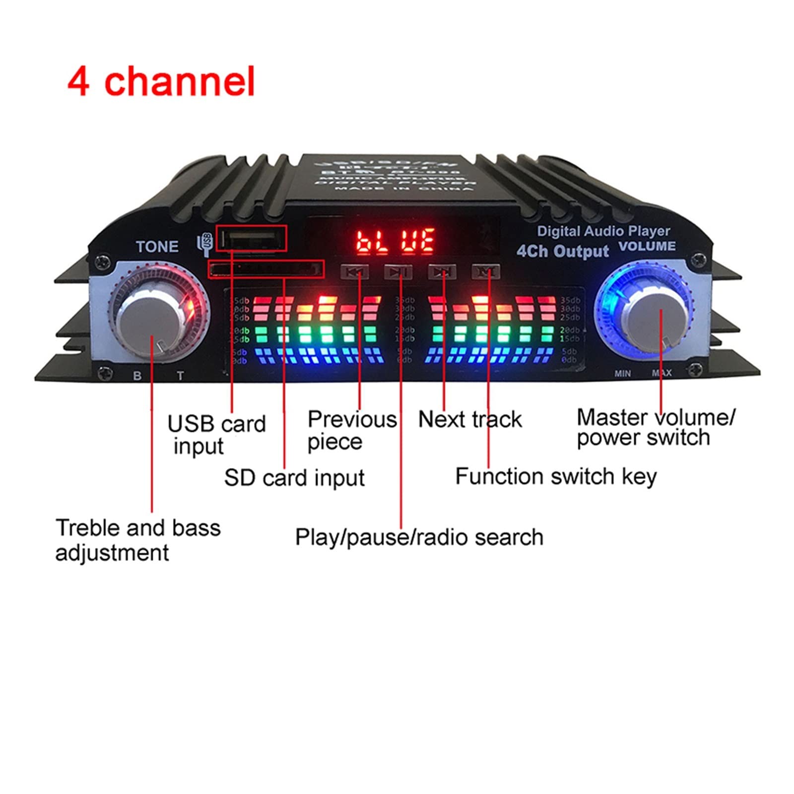Domowy wzmacniacz samochodowy 4-kanałowe głośniki samochodowe Booster Powered Subwoofer Amplificador Support FM U Disk,Szeroka kompatybilność