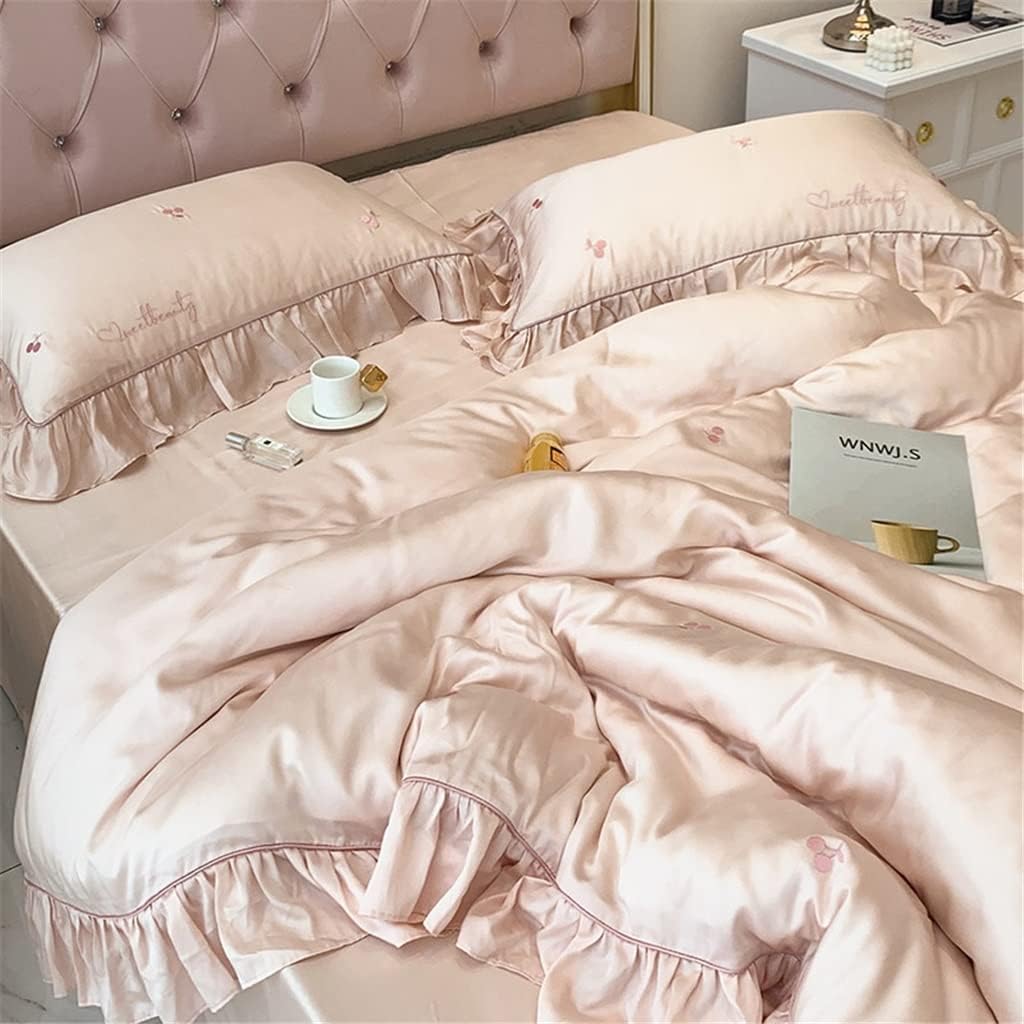 Home Textile Spring and Summer Lenzing Tencel Cherry Embroidery Four- Piece Ruffle Quilt Cover Bed Linen (Colour: Pink Size: 1.5 m) (Pink 1.8 m)