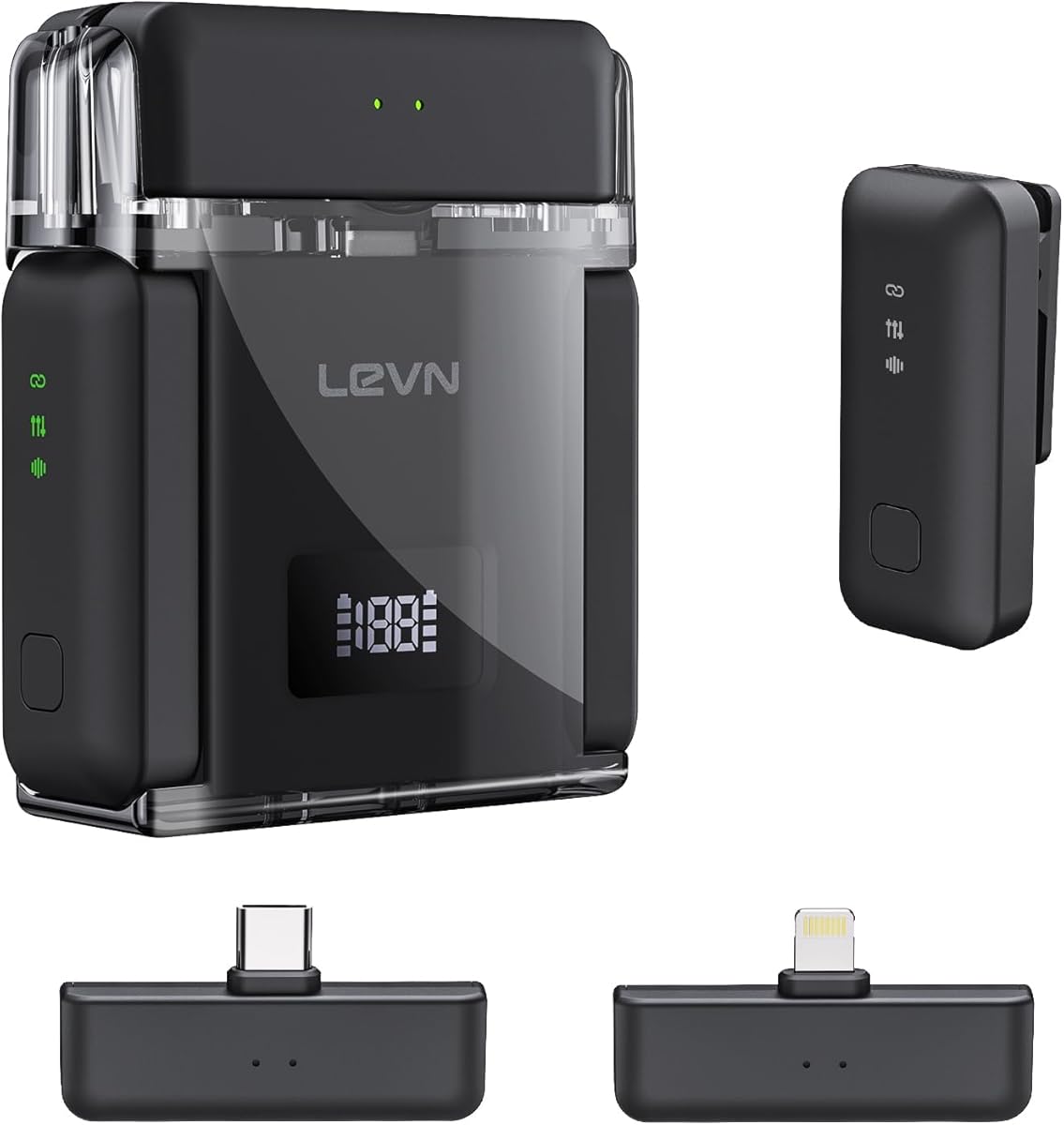 LEVN Wireless Microphone for iPhone/Android/PC, USB-C/Lightning Plug & Play, AI Noise Cancel, 328ft Range, 30H Battery Life with Charging Case, iPhone Microphone for TikTok, YouTube, Vlogging