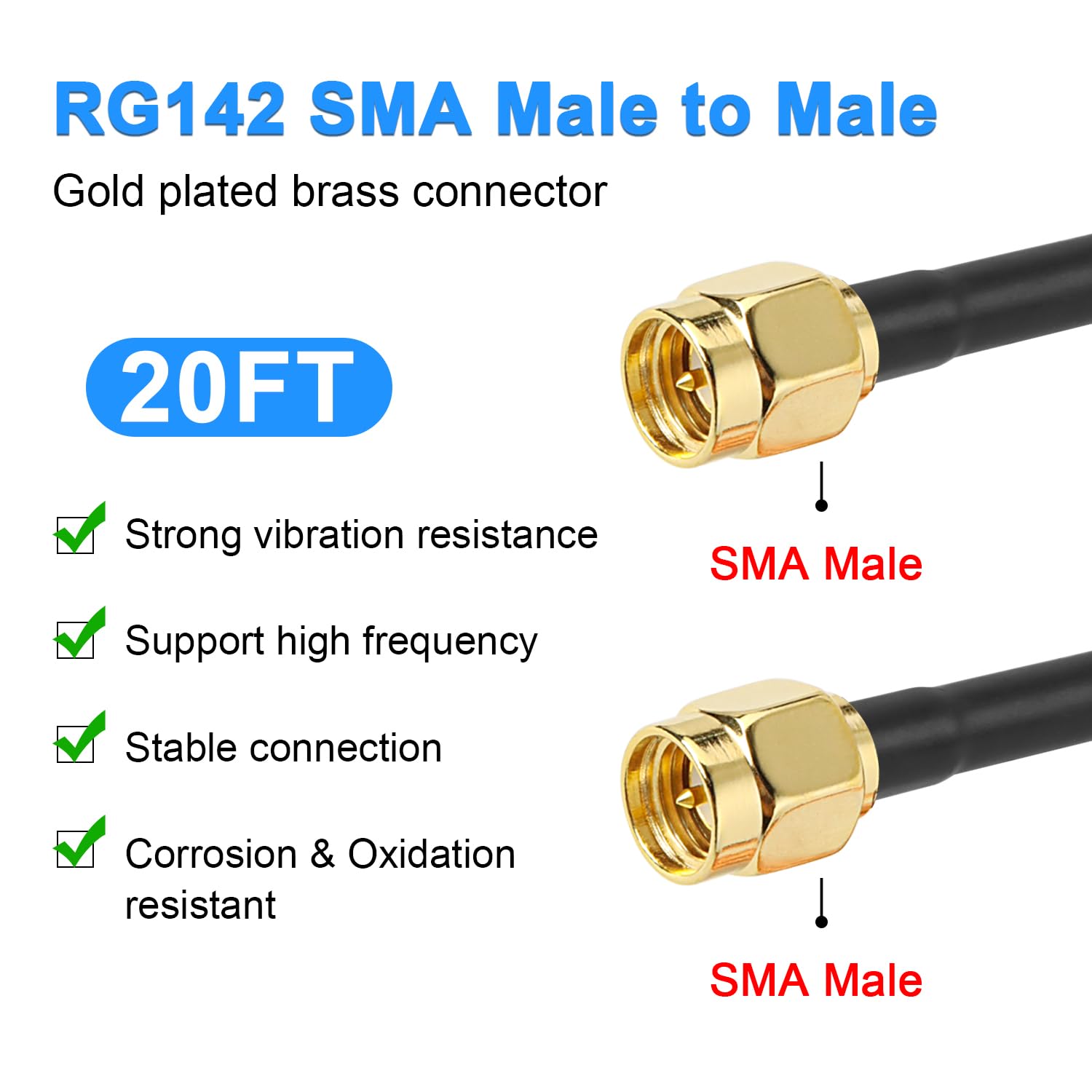 MOOKEERF Cable coaxial SMA macho a SMA macho, 50 ohmios, RG142, cable coaxial de pérdida ultra baja, cable de extensión de antena con conector SMA para equipos de red 3G/4G/5G/LTE, GPS, radio RF a