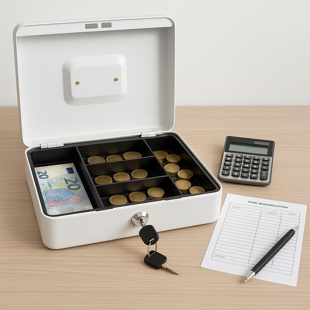 Geldkassette aus Metall Weiß 300x240x90 mm – robuste Geldbox mit Schloss & Schlüssel, Einsatzfächer für Münzen & Scheine – sichere Aufbewahrung für Bargeld, Kassenorganisation & Wertsachen