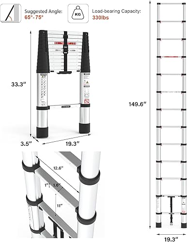 Miniatura 13 de LUISLADDERS Escalera telescópica, extensión de aluminio de 12.5 pies, escalera telescópica plegable ligera de 330 libras de capacidad máxima