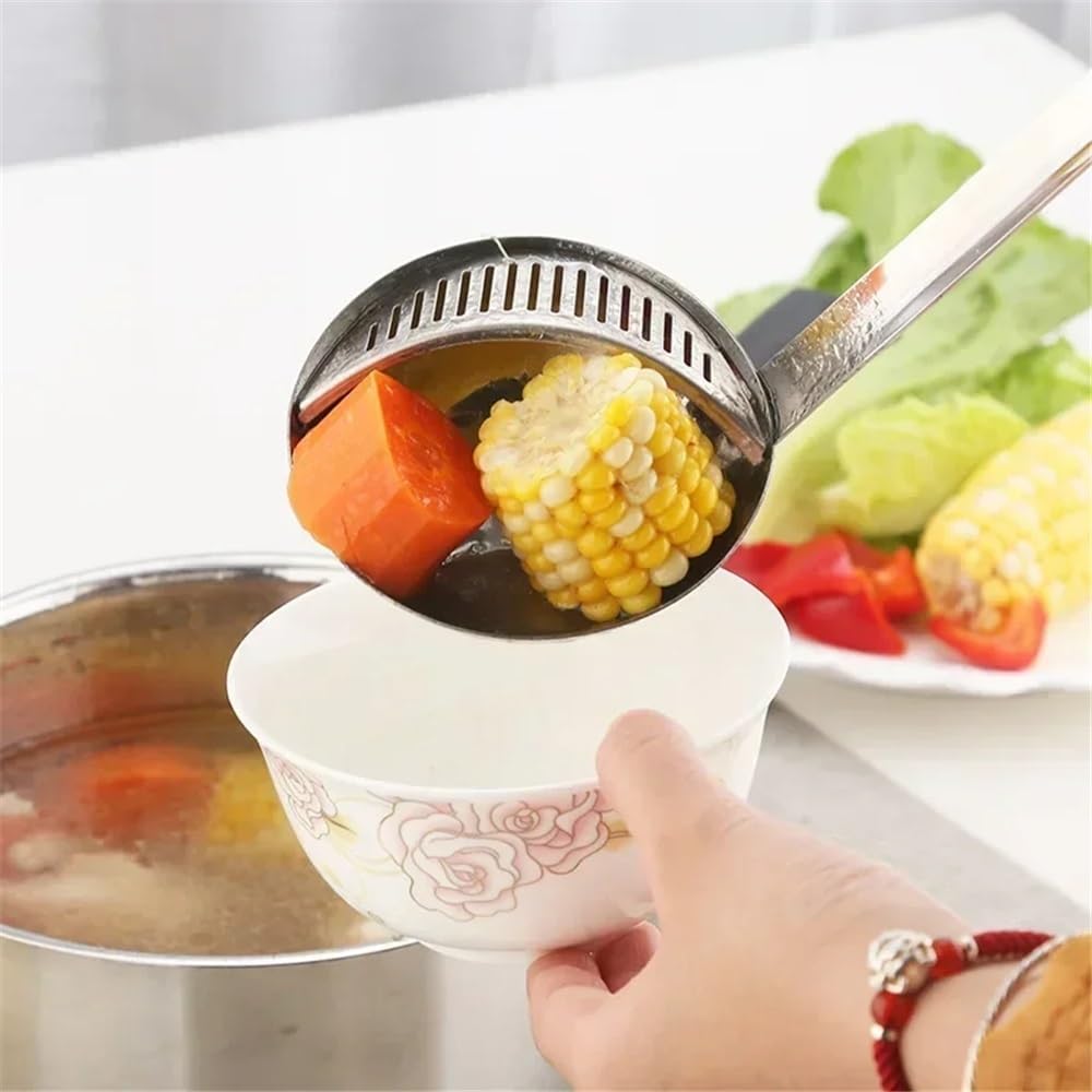 Ergonomica Cucchiaio da zuppa a doppio uso, manico lungo, mestolo da zuppa in acciaio inossidabile con filtro rimovibile, scolapasta da cucina, utensili da cucina per frullare(Small (27x7.7cm))