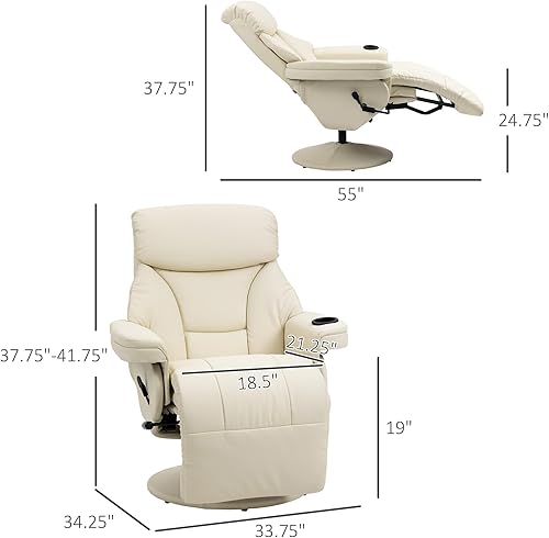 Miniatura 3 de HOMCOM Silla reclinable manual, sillón giratorio con bolsillo lateral, reposapiés y portavasos para sala de estar, color blanco crema