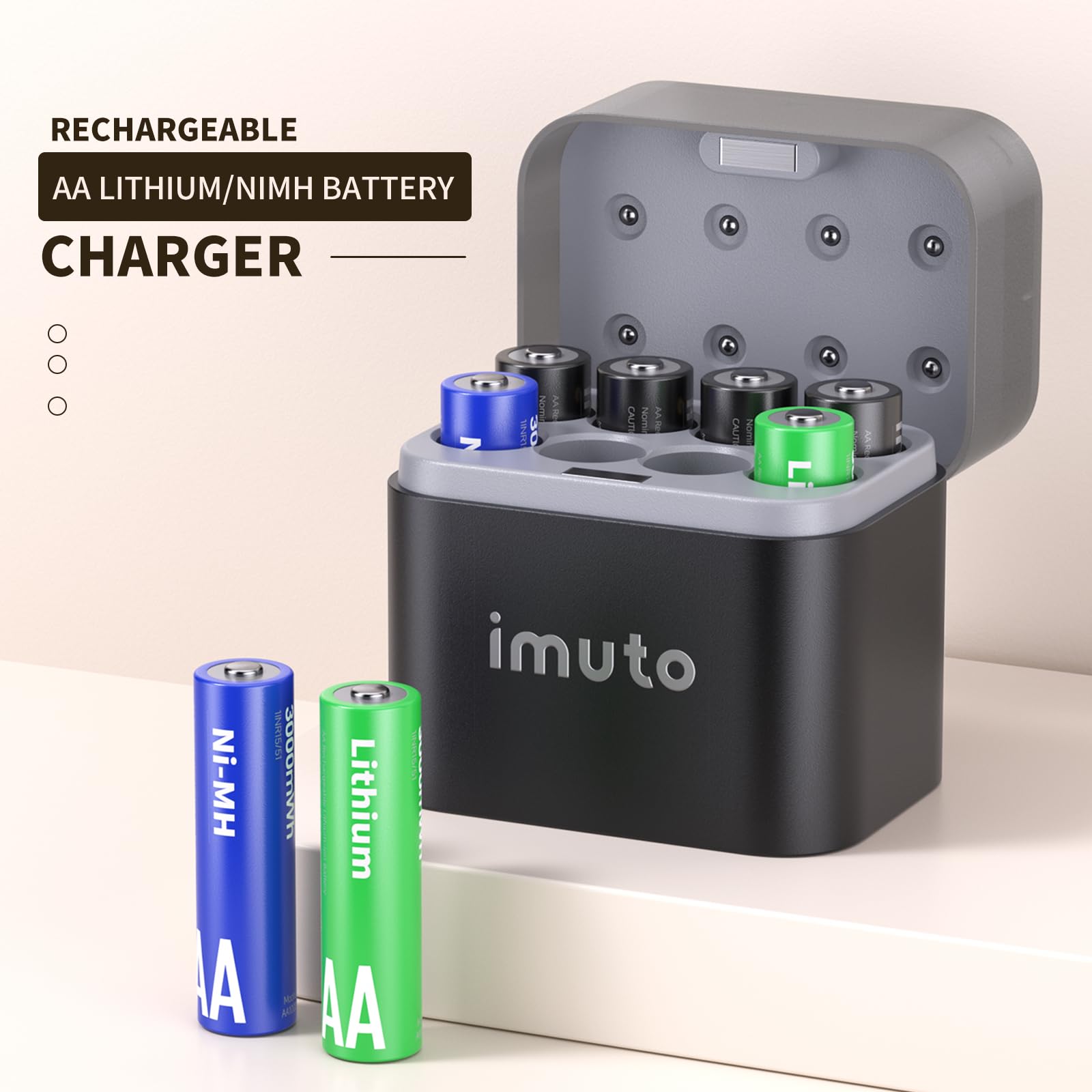 imuto Rechargeable aa Battery Charger, 8 Slot aa Lithiun ion and NiMH Battery Charger, Battery Storage Box Style Double a Batteries Charger, USB-C Input Port (Adapter not Included)