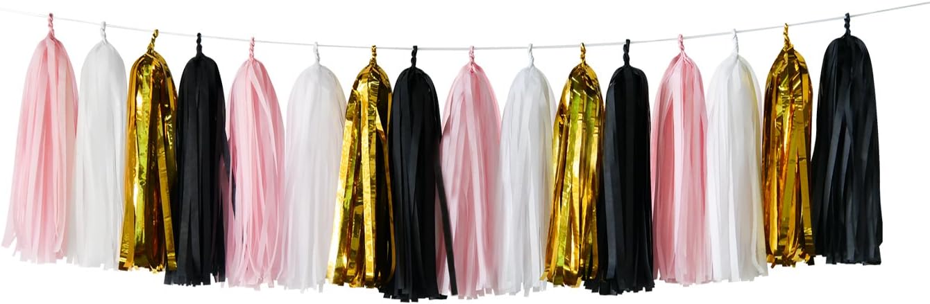 16 pcs White Pink Black Gold Tissue Paper Tassel Garland Bunting for Baby Shower, Bridal Shower, Birthday Party, Nursery Decoration French, Paris, Pink, Pink and Black Birthday Party Ideas