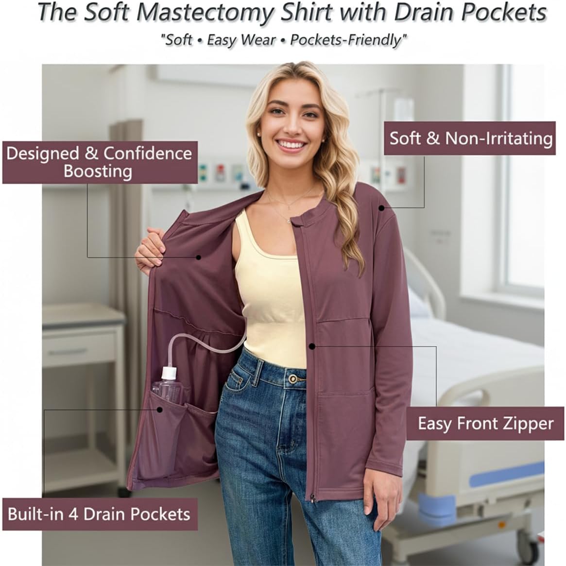 RAGEMALL Mastectomy Shirt with Drain Pockets Front Zip Post Surgery Top Soft Long Sleeve Clothing for Breast Cancer Recovery - Image 4