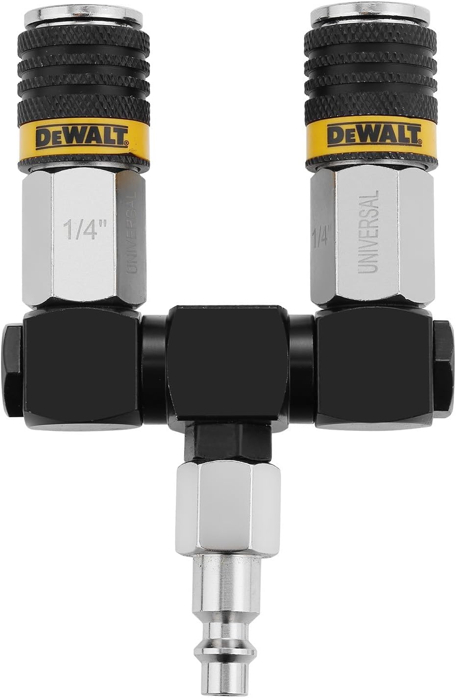 DEWALT 2-Way 360° Swivel Air Hose Splitter: Universal Couplers with Industrial Plug, 300 PSI