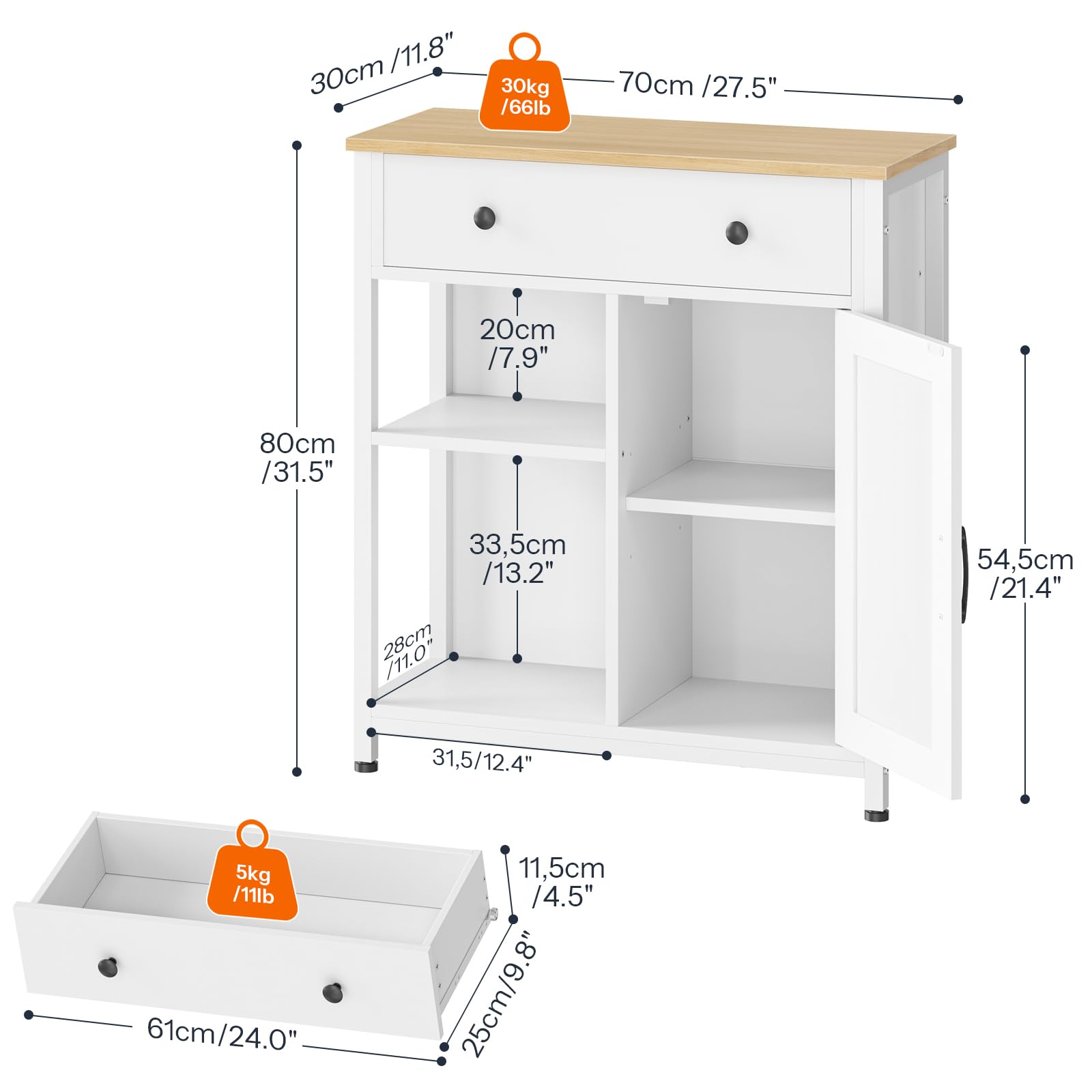 HOOBRO Sideboard Küche mit Schublade, Küchenschrank mit verstellbarem Regal, Aufbewahrungsschrank mit Türen, Kaffeebarschrank für Cafés, Küche, Restaurant, Wohnzimmer, Weiß und Natur EWN70CB01
