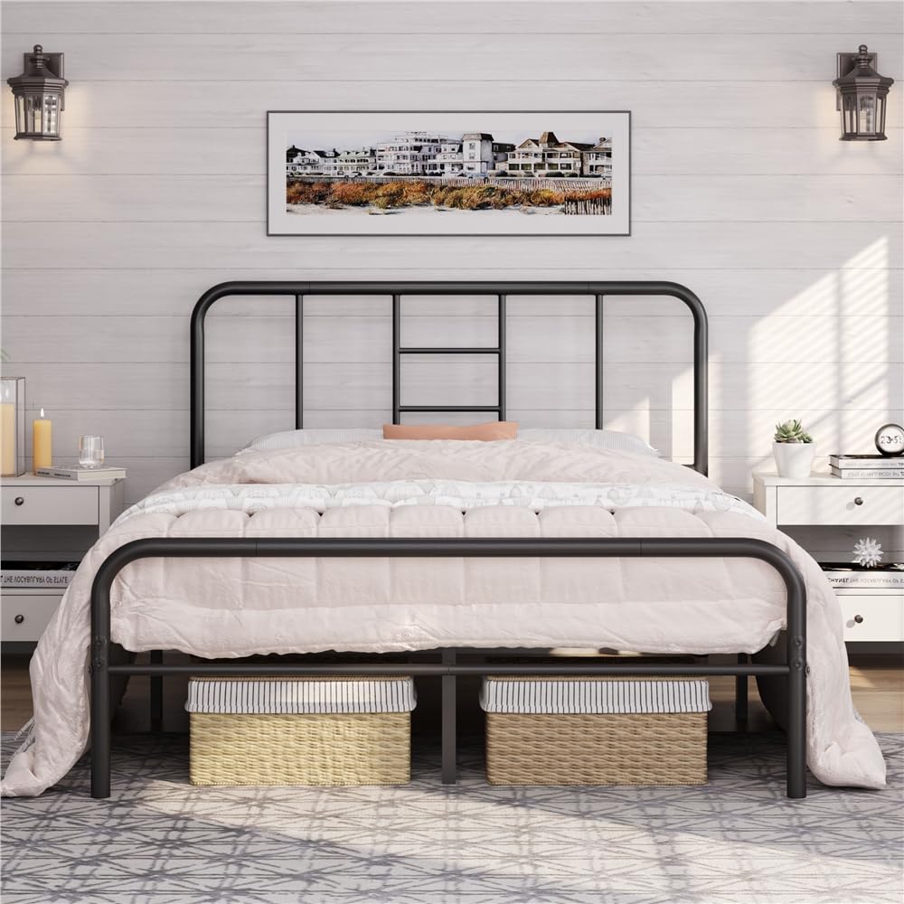 Black Metal Double Bed 4ft6 Iron Bed Frame with Curved Headboard Under Bed