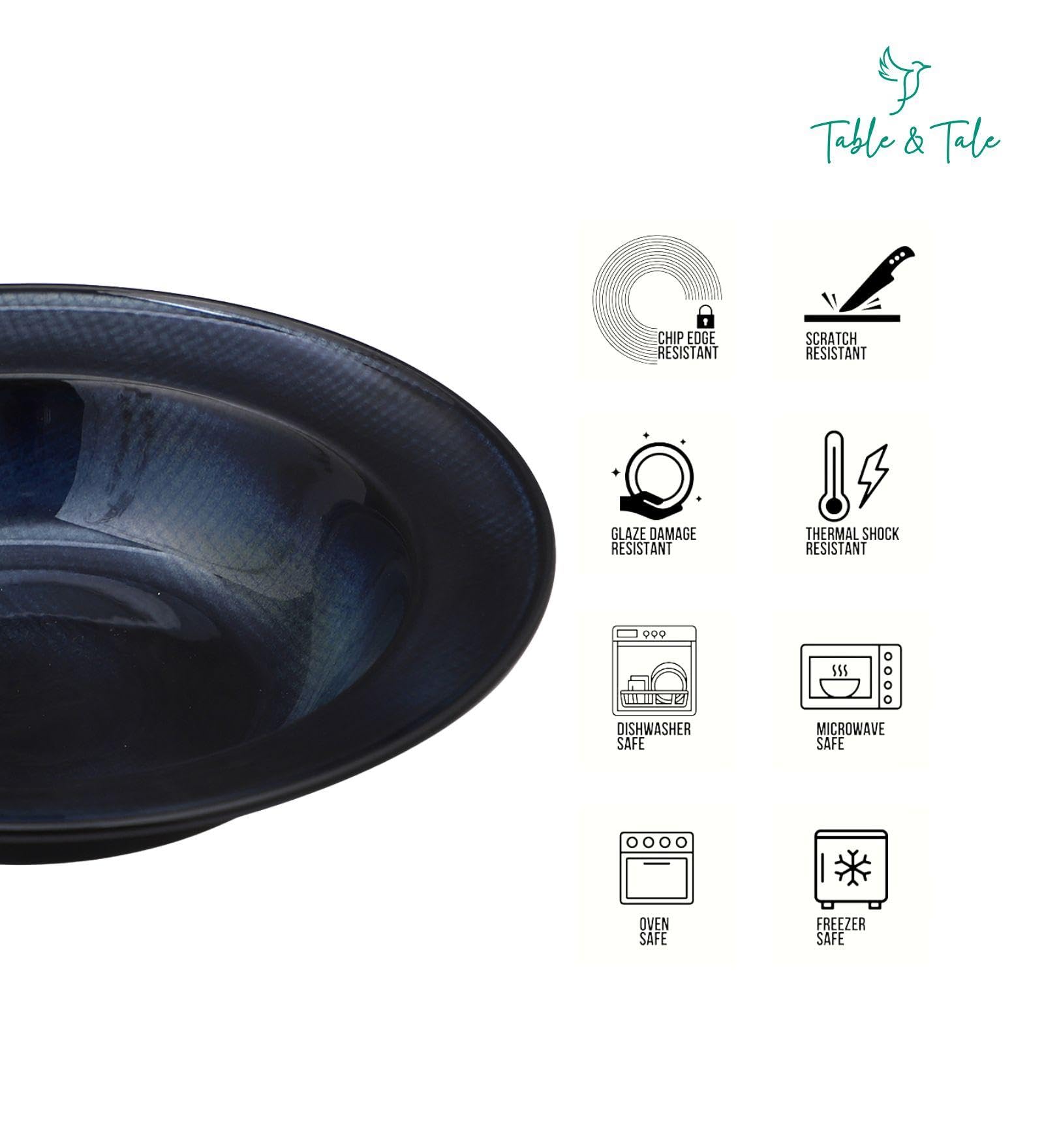 Table & Tale Premium Porcelain Deep Plate with Elegant Blue Pattern | Scratch & Chip Resistant | Made in Sri Lanka | Ideal for Soups, Pasta & Curries | Microwave & Dishwasher Safe |Set of 2 4