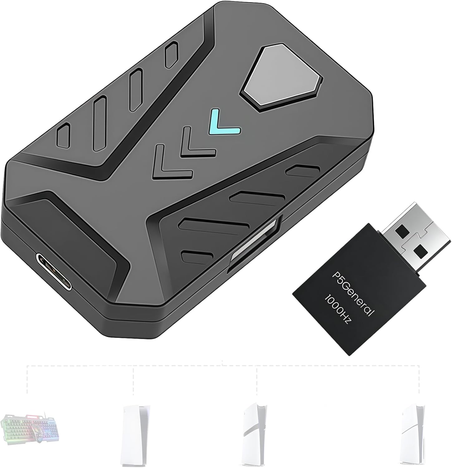 PS5 Keyboard and Mouse Adapter with P5General USB Converter, 1000Hz Ultra-Low Lag Adapter for PS5/PS5 Slim/PS5 Pro, Support Key Mapping, Adjust Mouse/Curve Sensitivity, Perfect for FPS, TPS, RPG Games