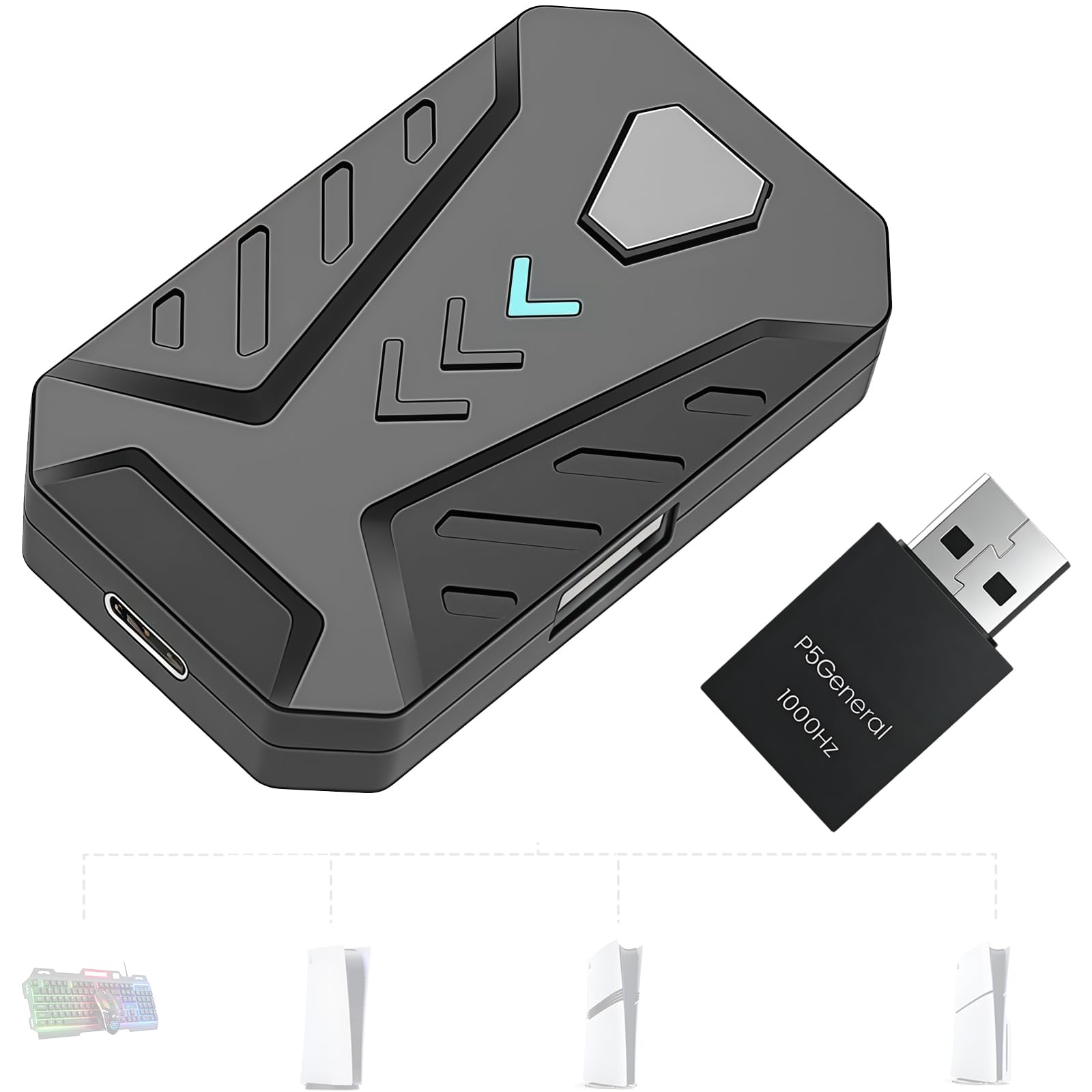 Megadream Convertidor de teclado y mouse para PS5/P5 Slim/PS5 Pro con adaptador general P5, retraso ultra bajo de 1000 Hz, soporta ajustar la sensibilidad del mouse, cambiar la tecla predeterminada