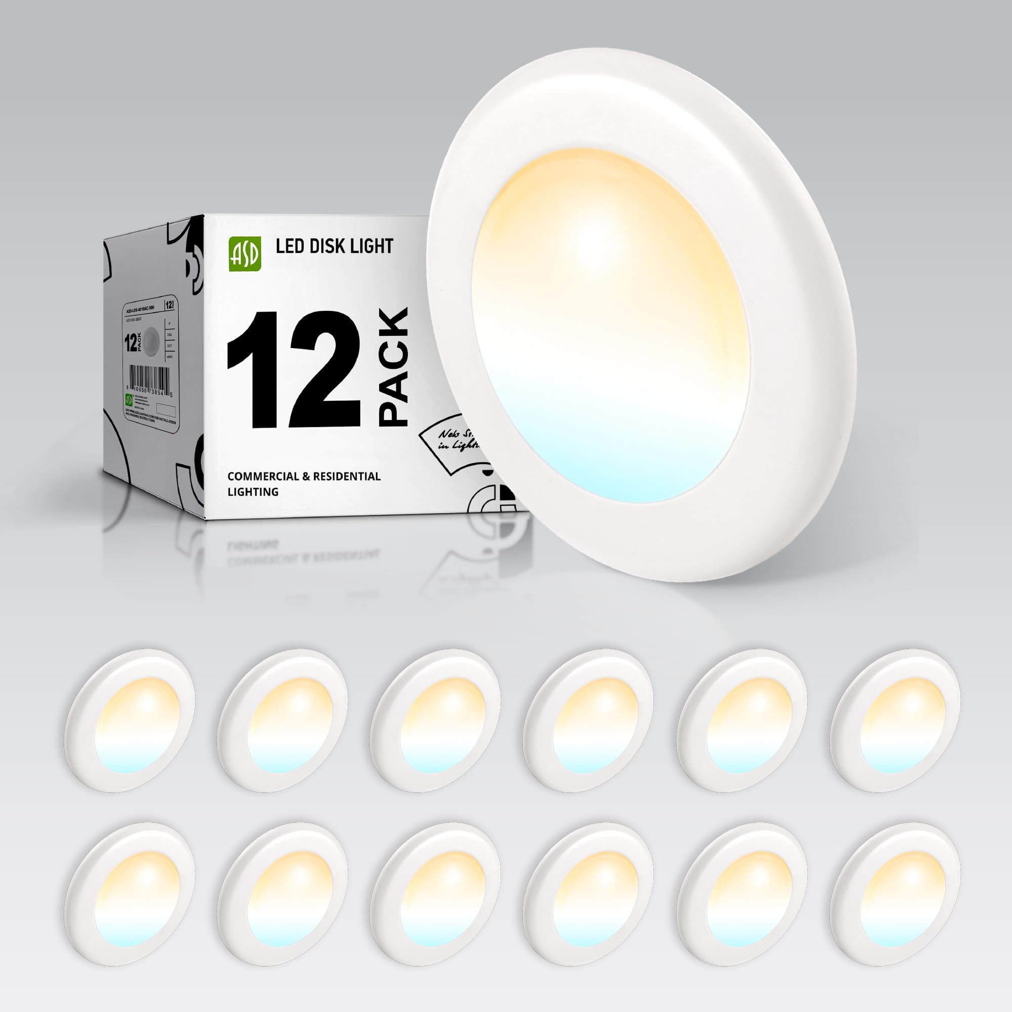 ASD 12 Pack LED Disk Lights 4 Inch, 10W 5CCT 2700K-5000K 685LM CRI90+, Dimmable Flush Mount Ceiling Light Fixture, Low Profile Surface Mount Disc, Junction Box or Recessed Can Install, UL Energy Star