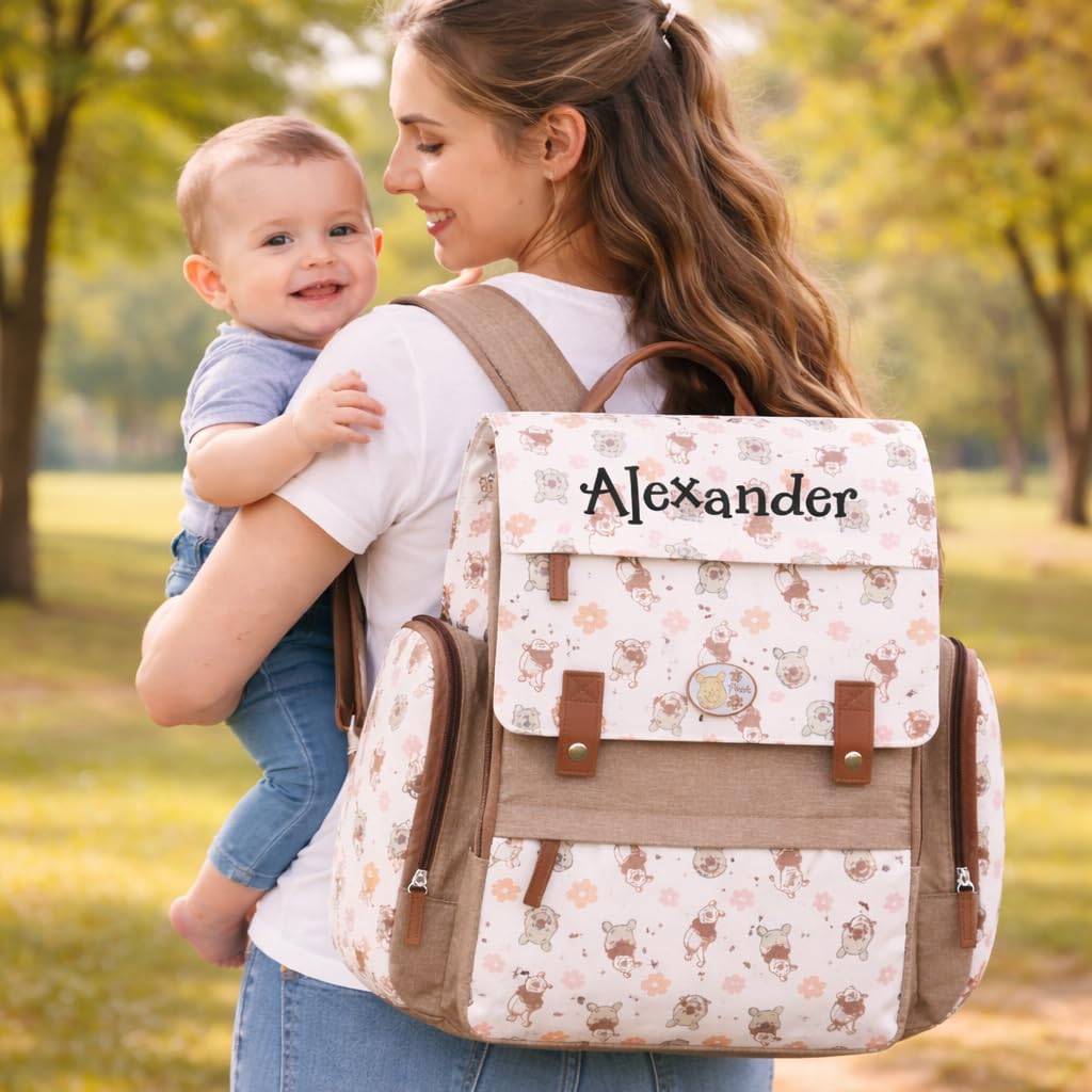 Personalized Winnie the Pooh Diaper Bag Backpack – Officially Licensed Disney Pooh Bear Baby Bag – Custom Embroidered Name, Large 17x13x6 Travel Changing Bag