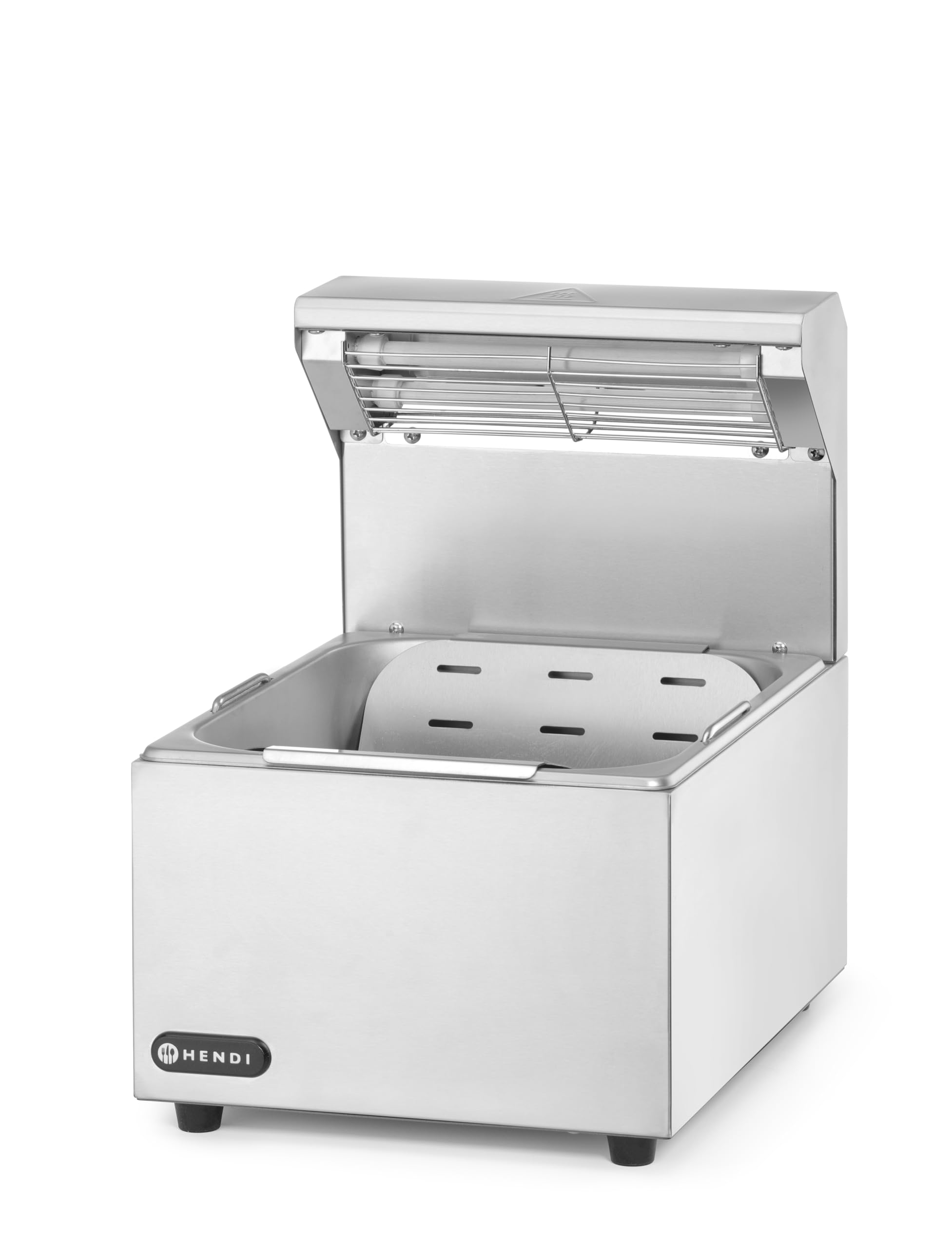 HENDI Pommes-frites-Wärmer, mit abnehmbarer GN-Behälter und Tropfschale, zum Warmhalten von Pommes frites, Infrarotlampe, Wärmebrücke, Speisenwärmer, GN1/2, 230V/400W, 357x267x(H)376mm, Edelstahl
