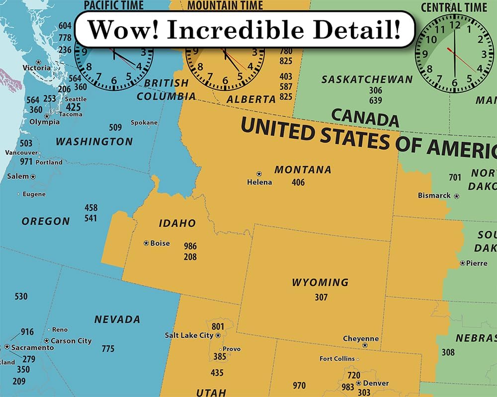 Lone Star Art Time Zone Map USA Laminated 24x36 Poster – United States Wall Chart with Area Codes and Clocks – Durable Glossy North America Map for Office Classroom Planning Reference and Wall Décor