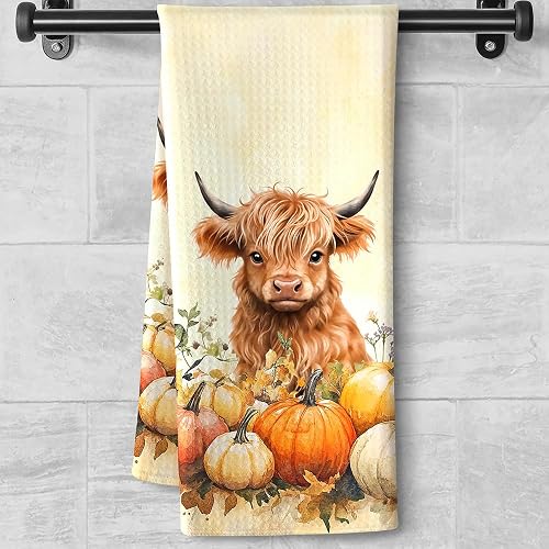 Autumn Harvest Farmhouse Kitchen Towels - Highland Cattle in Pumpkin