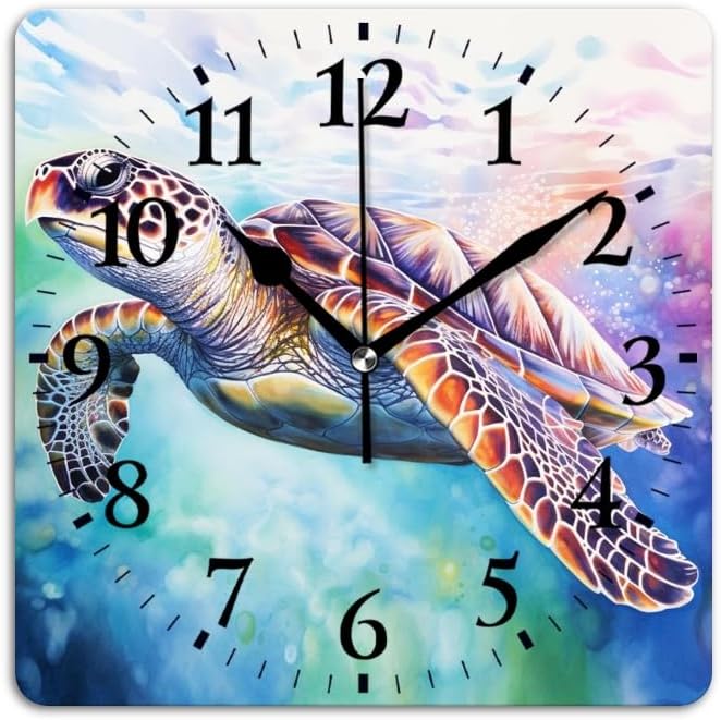 Battery Operated Wall Clocks Sea Turtle Ocean Wildlife Watercolor Print Silent Non-Ticking Decor Clock with Photo for Bathroom,Office(16inch)