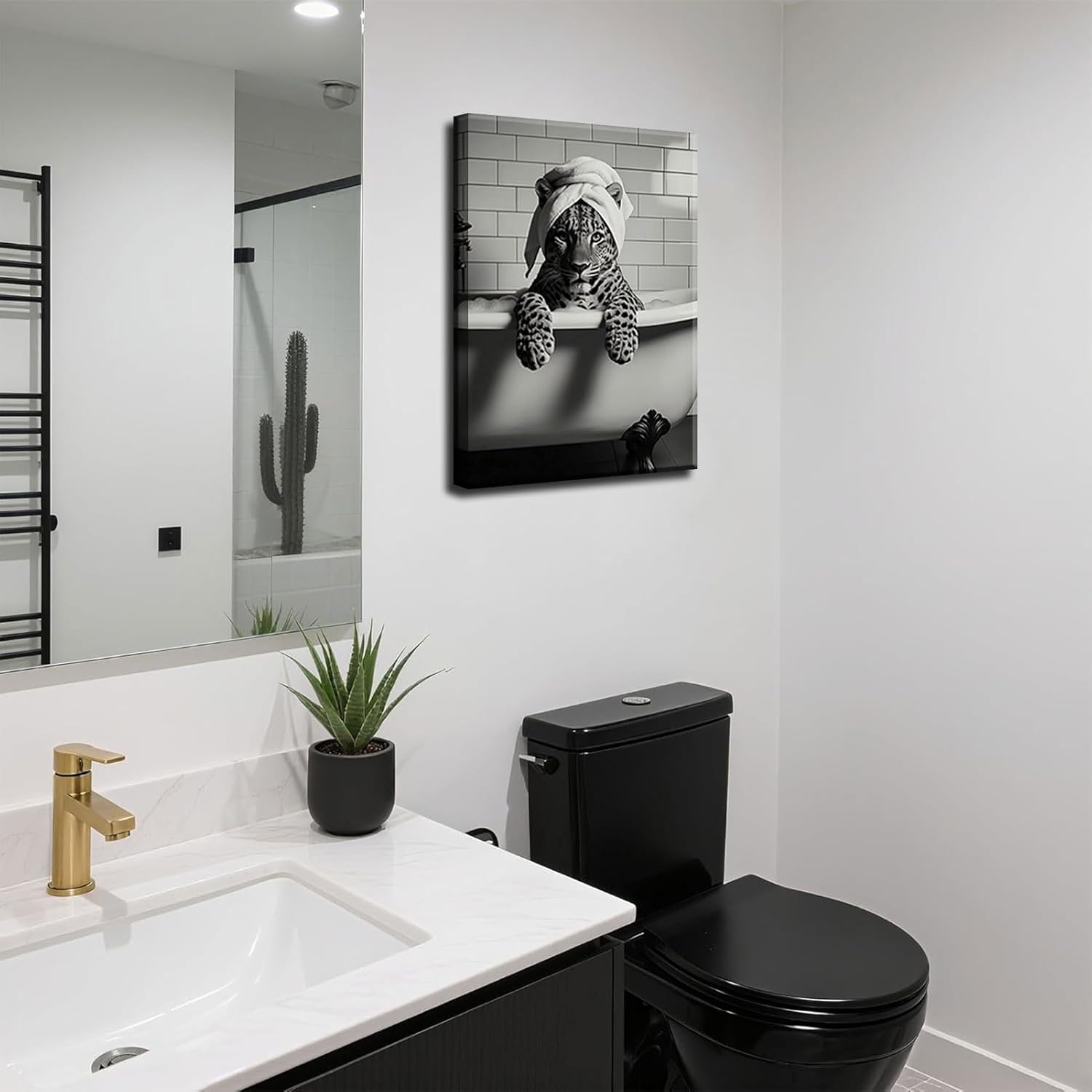Leopard In Bathtub Canvas Wall Art Trendy Black and White Bathroom Animal Wall Decor Picture Funky Maximalist Leopard Bathroom Aesthetic Poster Print for Restroom Toilet Decoration 16x24in