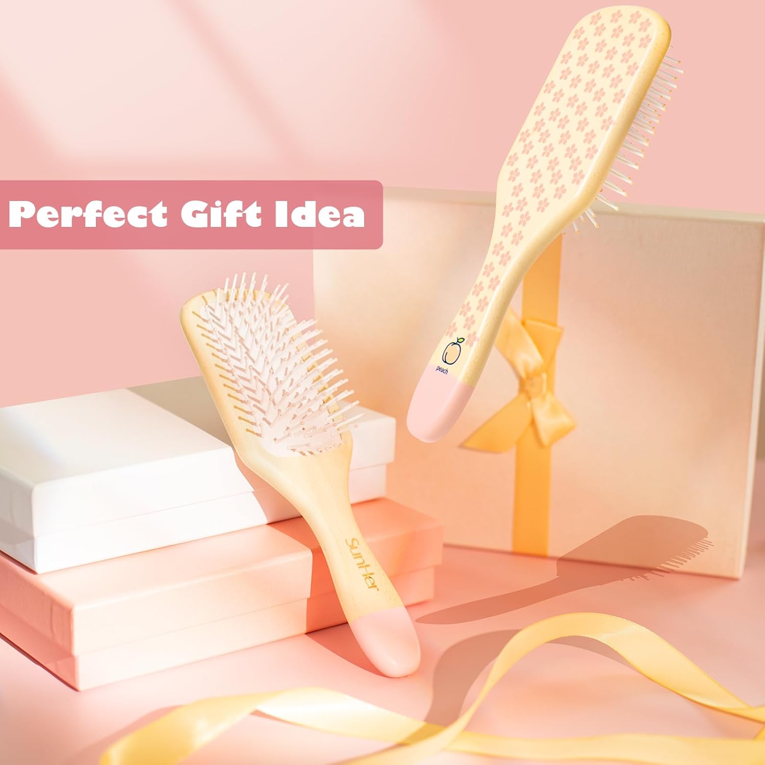 もつれ解消ヘアブラシ - ピンクフラワー 木製ヘアブラシ 女性用 ガールズ キッズ マッサージ 頭皮 - 長くて太い巻き毛用ヘアブラ