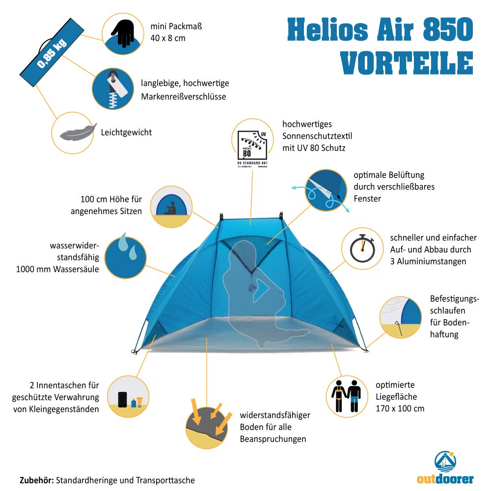 outdoorer tenda da spiaggia Helios Air 850 leggera, UV 80, compatta, ingombro ridotto per i viaggi, tenda da sole con aste in alluminio e ventilazione