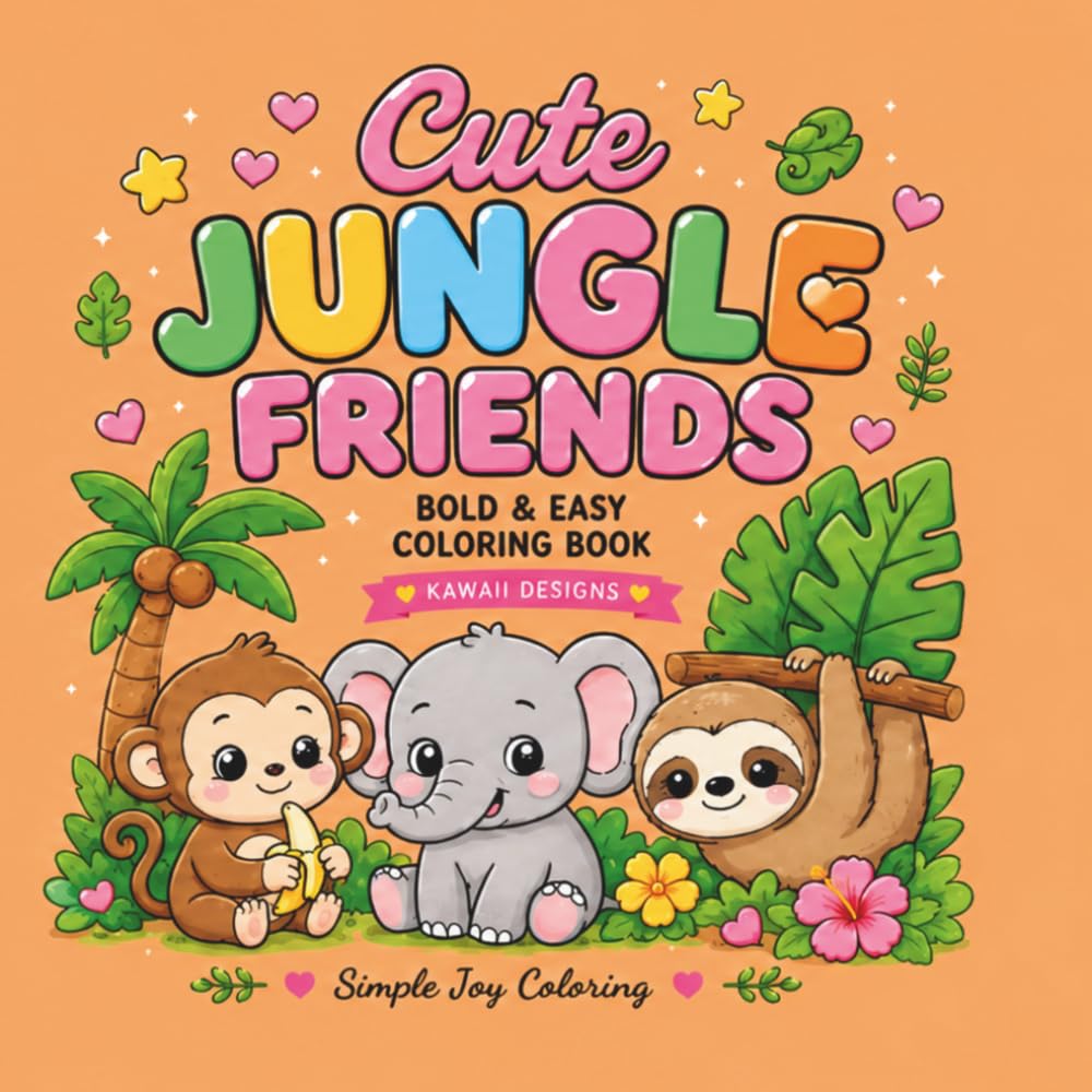 Cute Jungle Friends: Bold & Easy Jungle Animal Coloring Book Featuring Cute Kawaii Jungle Animals and Cozy Tropical Scenes for Relaxation and Stress Relief (The Cute Animal Friends Collection)