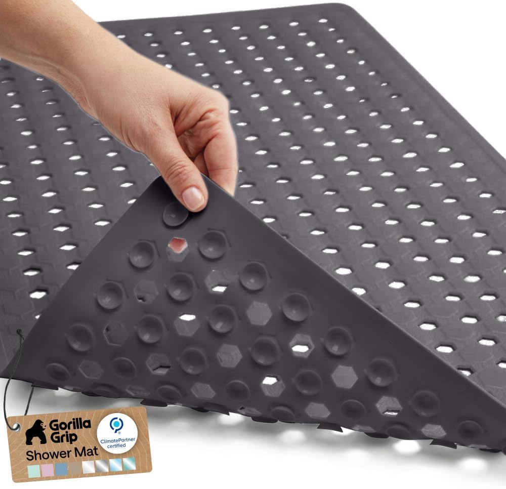 Patented Bath Tub Shower Mat, Machine Washable Bathtub Floor Liner Mats, Suction Cups and Drain Holes to Keep Tubs Clean, Soft on Feet, Bathroom Essentials, 35x16 Inch, Charcoal Opaque