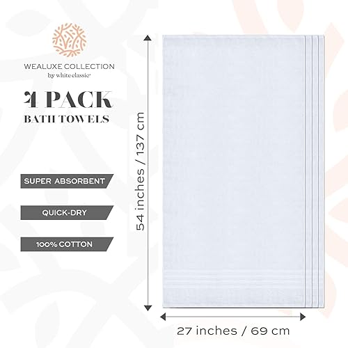 Miniatura 5 de Wealuxe - Toallas de baño blancas de 27 x 54 pulgadas, juego de toallas de algodón para baño, hotel, gimnasio, spa, suaves, extraabsorbentes