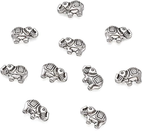 Miniatura 9 de Craftdady 60 cuentas espaciadoras de metal tibetano de elefante de la suerte, cuentas de animales talladas con detalles de oro antiguo y plata de