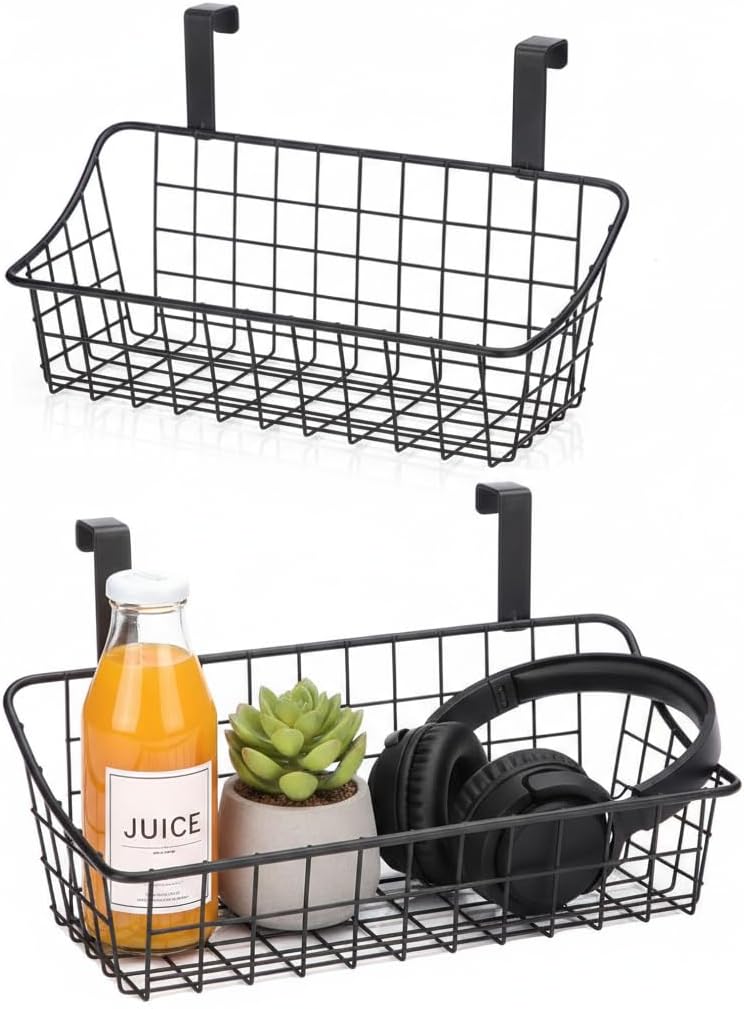 LeleCAT Over Cabinet Door Basket with hook Grid Storage Basket, Kitchen Storage Organizer,Over Cabinet Door Organizer,Hanging it behind a door or on a railing, Small, BLack,2 Pack