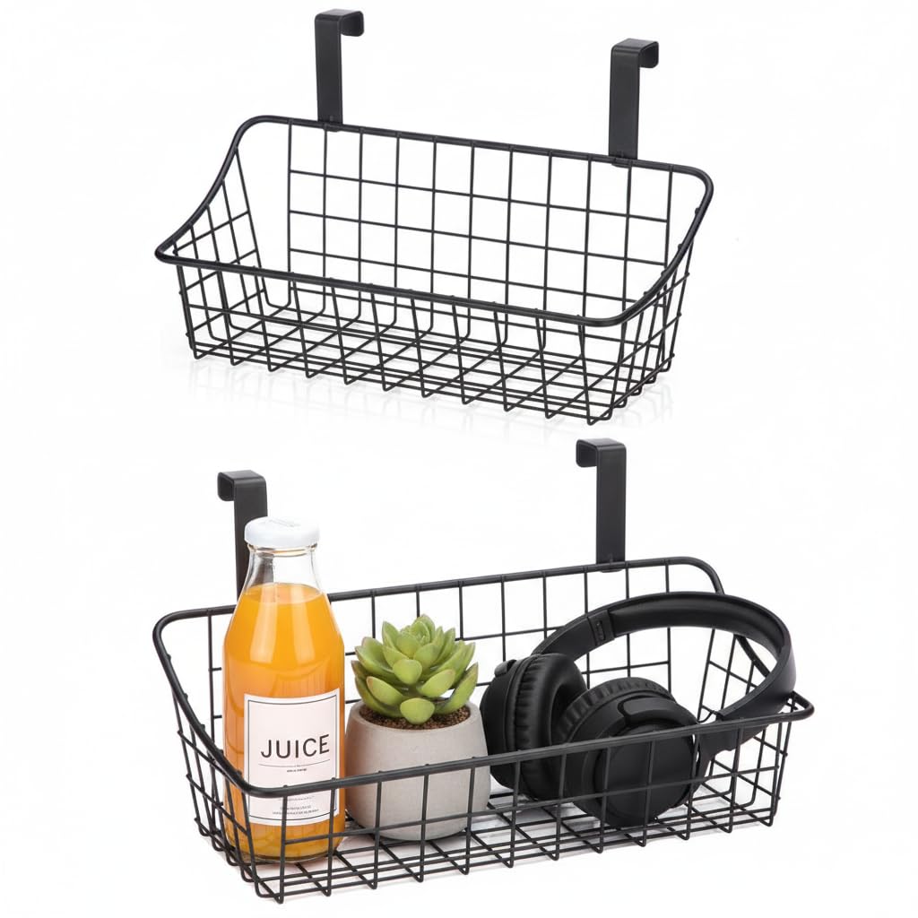 Lelecat 2,Black Basket With Hook Grid Storage Basket, Hang It Behind A Door Or On A Railing, Over The Cabinet Door, Small, Black,2 Pack