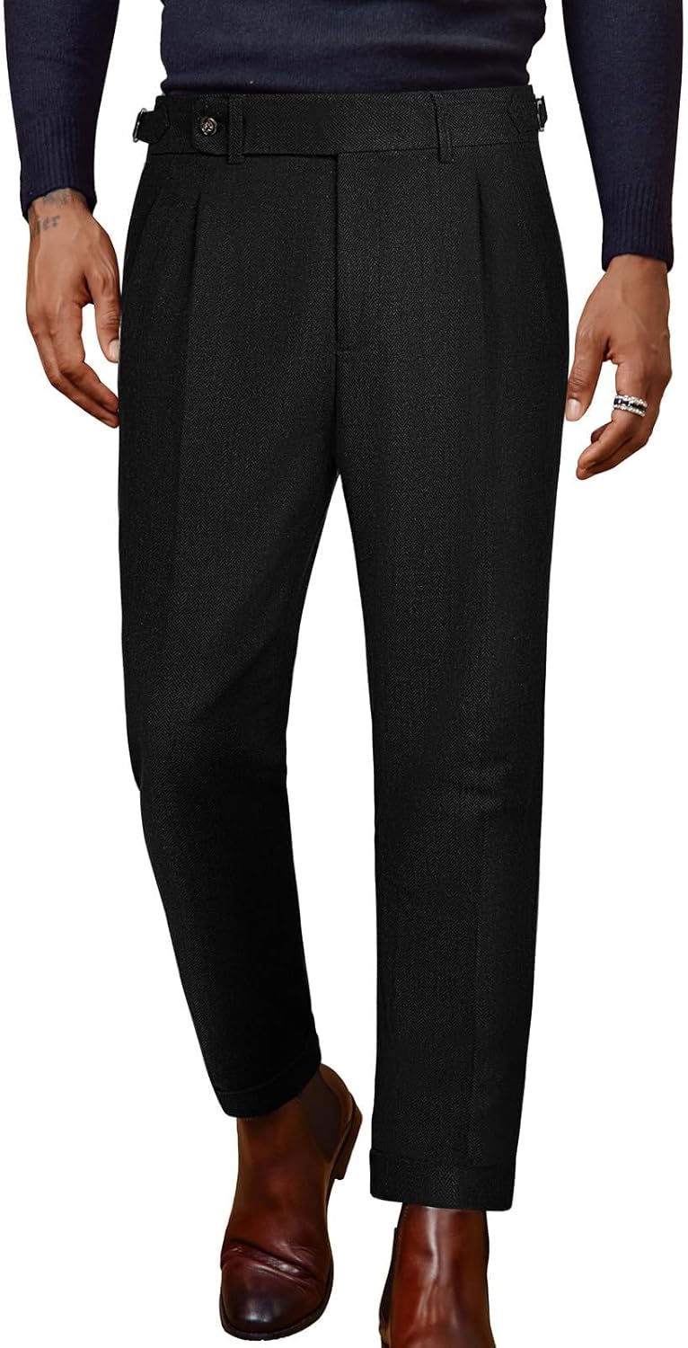 PJ PAUL JONES Men Vintage Tweed Pants Herringbone Pleated Suit Trousers