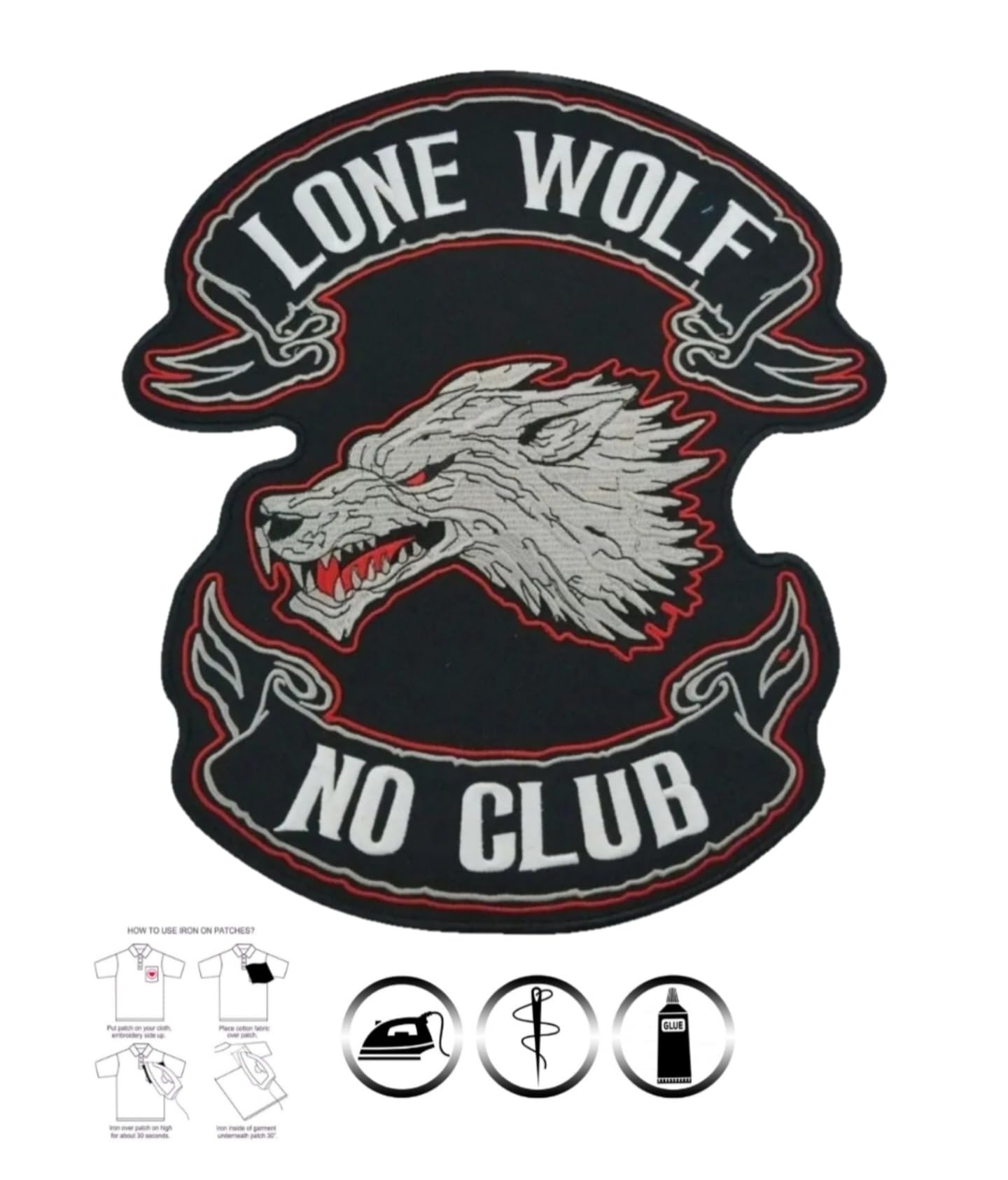 Parche biker XXL Lone Wolf No Club bordado termoadhesivo grande 30 cm para la espalda chaleco moto Kutte Rocker Chopper Iron On - Big Patch - para decorar, hacer tú mismo
